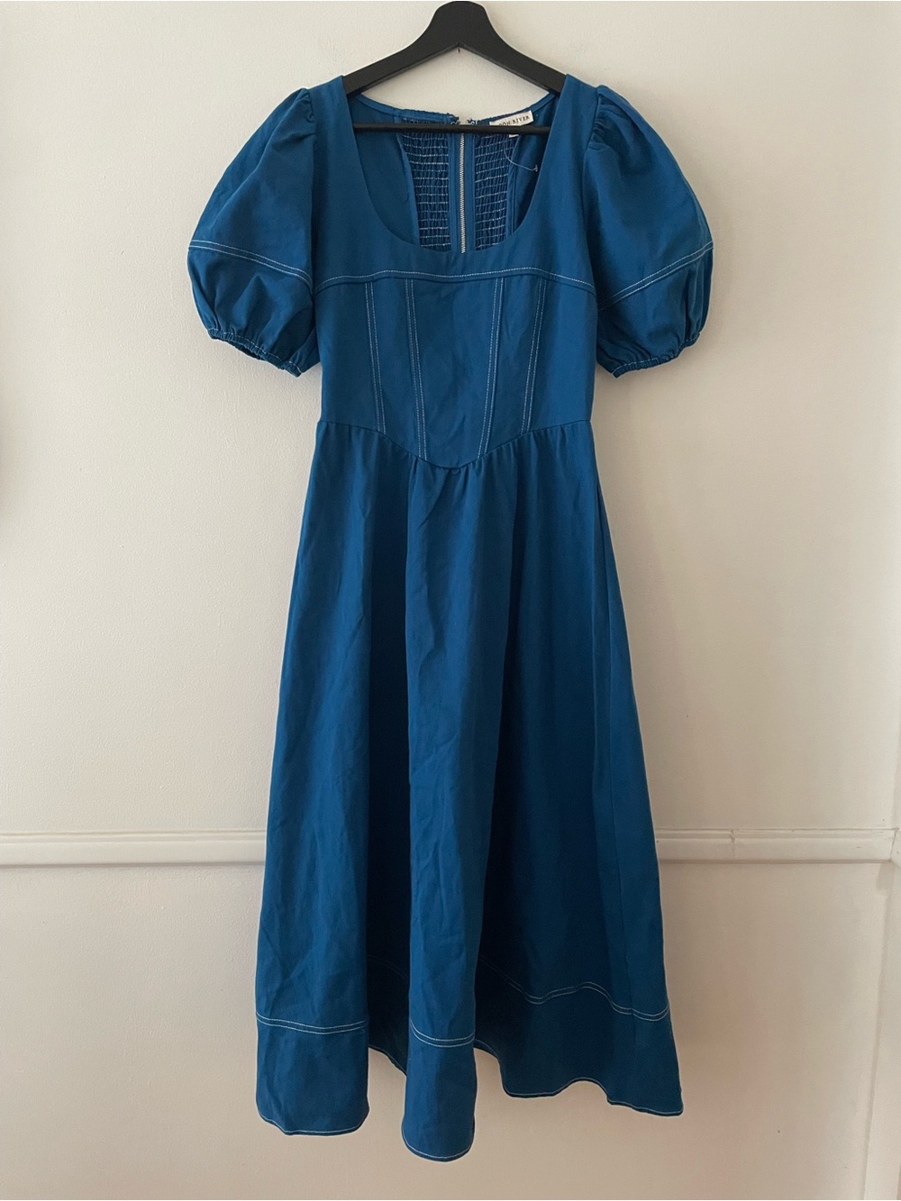 Moon River Puff Sleeve 100% Cotton Canvas Midi Dress Size S
